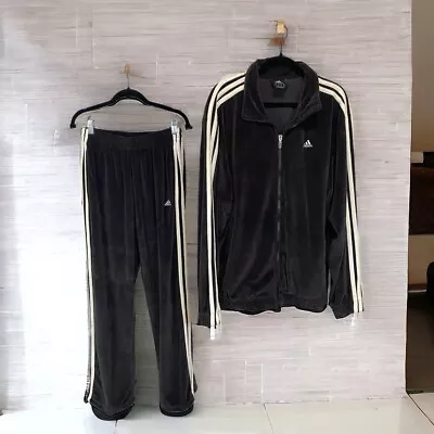 VTG Y2K Adidas Tracksuit Mens Sz M Gray Velour Velvet Zip Up 2 Piece Jacket Pant • $175