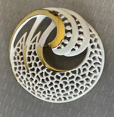 Signed Monet Goldtone Enamel Fishnet Swirl Brooch Pin 70s Modernist Vintage • $19.95