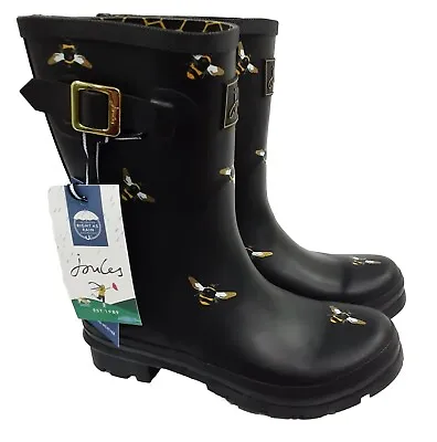 Joules Molly Welly Metallic Bumble Bee Black Rubber Rain Boots Women's US Size 6 • $42