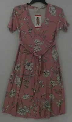 Matty M Faux Wrap Dress SZ M Blush Pink Flower Print Casual Knee Length Back Tie • $12.99