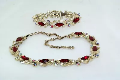 LISNER Marquise Red Rhinestone AB Crystal Gold Tone Necklace & Bracelet Set • $95