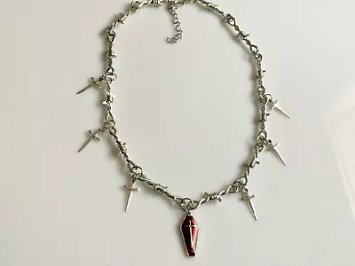 Sword Dagger Red Coffin Necklace Jewelry Barb Barbed Wire Chain Goth Punk Rock • $15.67