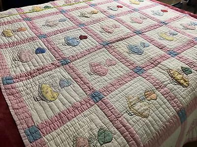 RARE Vintage Handmade Quilt Girls Baby Pink Dolls Hand-Stitched Embroidered • $79.99