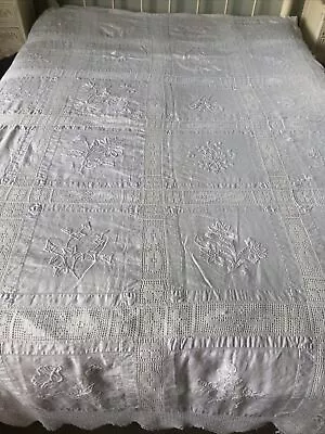 Stunning Large Antique Bedspread White Work Embroidered Lace  VGC  68  X 97  • £145