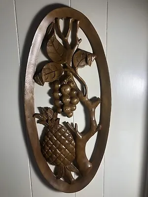 VTG Retro Carved/Cut-Out Wood Oval Wall Plaque PINEAPPLE/COCONUT 22 X 11 *READ* • $19.49