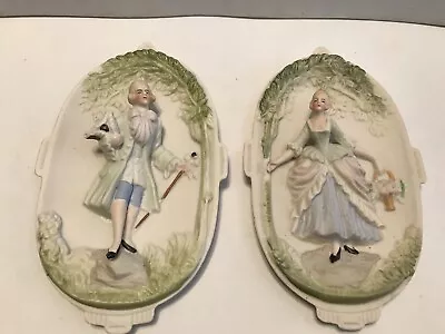 Pair Of HAND PAINTED CHASE MADE IN OCCUPIED JAPAN WALL PLAQUES 4 X 7 Inches • $9.50