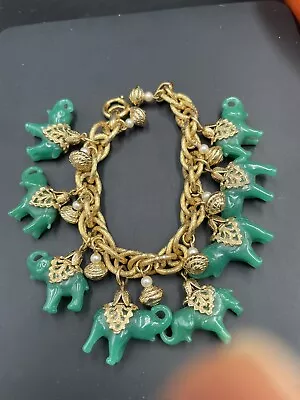 NAPIER Vintage 60s Green Jade Glass Trunk Up Elephant Chunky Charm Bracelet 7.5” • $179