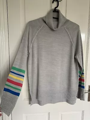 Womens M&Co Grey Polo Neck Jumper Size 12 New Rainbow Striped Sleeves • £14.99