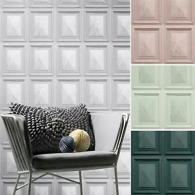 Marble Wood Panel Effect Wallpaper Geometric - Grey Pink Green Teal • £2.99