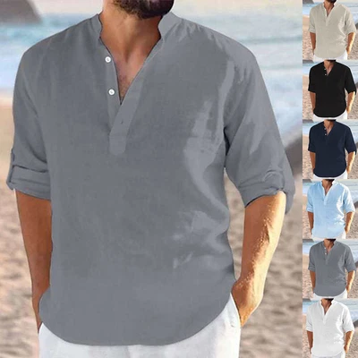 $19.29 • Buy Mens Summer V Neck Casual Loose Shirt Tops Long Sleeve Work Regular Fit Blosue