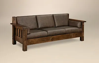 Amish Mission Rustic Sofa Couch Rough Sawn Solid Wood Slat Tenon Leather • $4288.90