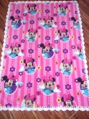 Minnie Mouse Stripe Soft-baby-blanket-fleece-scalloped Crochet-edge • $17.95