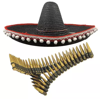 Black Mexican Hat Fancy Dress Costume Kit Bullet Belt Novelty Adults Men Ladies • £14.99