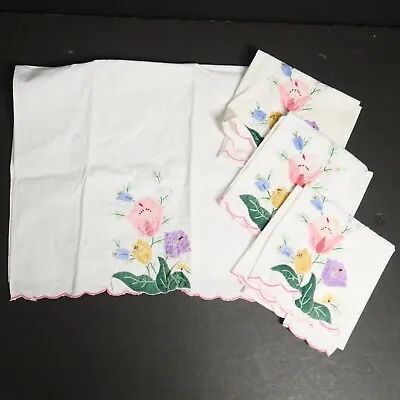 4X Vintage Hand Decorated Embroidered Linen Napkins Tulips Springtime 19x11 • $12.49