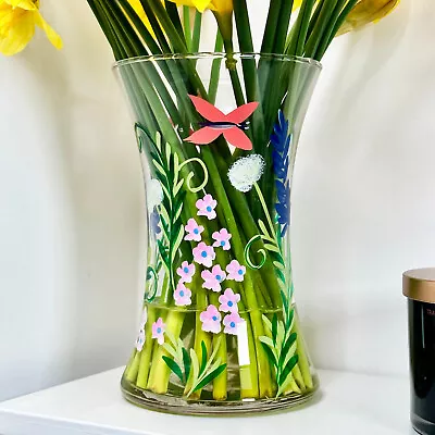 £20.99 • Buy Botanical Butterflies Vase Hand Painted Glass Summer Garden Wedding Table Decor