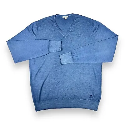 Burberry Wool Sweater Men's XL V-Neck Blue Extra Fine Merino Embroidered Logo • $41.77