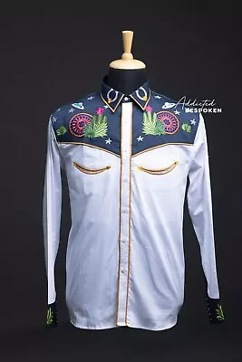 Men Ivory Cotton Shirt Country Western Embroidered Work Cowboy Party Attire • £369.99