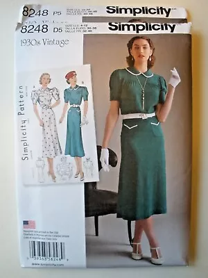 Simplicity 8248 Vintage 1930s Dress Peter Pan Collar Puff Sleeve 4-12 Or 12-20 • $11.99