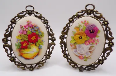 Vintage Embroidery Needlepoint Floral Ornate Metal Frame Miniature 3.5  Set Of 2 • $24