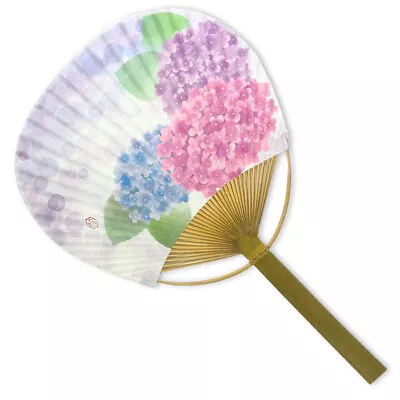 Japanese Uchiwa Flat Fan Hand Held Bamboo Handle Aisai Hydrangea Made In Japan • $12.95