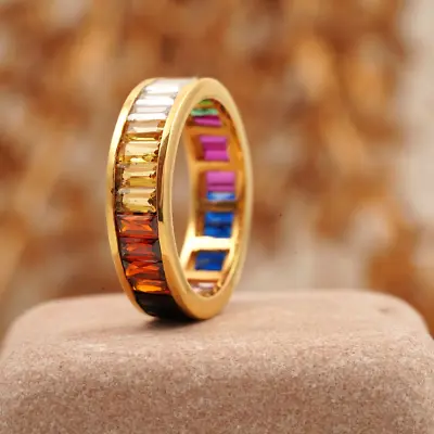 3Ct Emerald  Multi Sapphire Rainbow Ring  14K Yellow  Gold Plated  • $110.30