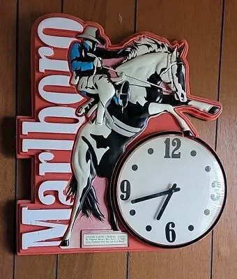 Vintage Marlboro Cigarette Sign Clock Cowboy On Bucking Horse WORKS • $95