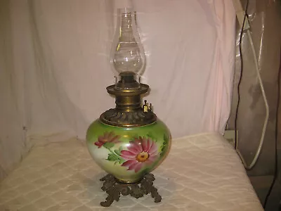 Antique Fostoria Kerosene Oil Lamp Light Handpainted Flowers Parlor Light • $79.99