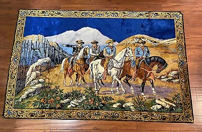 Vintage Velvety Horses Cowboy Tapestry Cabin Decor Rare Wall Rug Art Western • $450