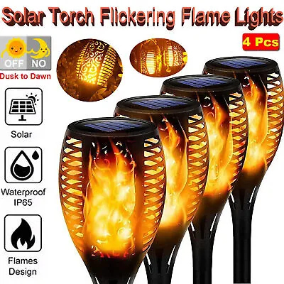 4X Flame Effect Solar Outdoor Lights Stake Garden Path Flickering LED Torch Lamp • £8.59