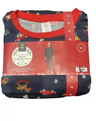 Members Mark Mens Holiday Christmas 2 Pc Blue Print Pajama Set Pockets Size XL • $14.99