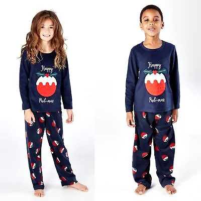 Kids Happy Christmas Fleece Pyjamas Pyjama PJs Boys/Girls Navy Age 5-13 Years • £9.95