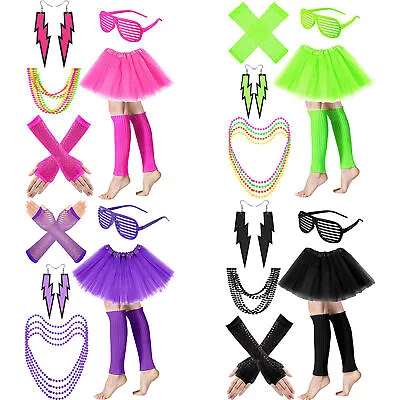 80s Fancy Dress Costume Accessories Neon Womens Fancy Dress Costume 6 Piece Set • $18.69