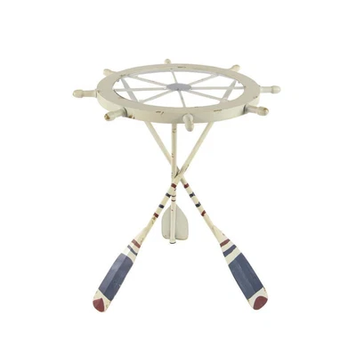 $85.01 • Buy Litton Lane Round Glass End Accent Table Oar Shaped Legs Wheel Top 23  White