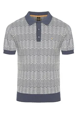 Mens Merc London Zig Zag Knitted Polo Shirt Bennard - Slate Blue • £49.99