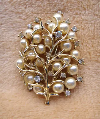 Vintage CORO Gold Tone Large PEARL And Rhinestone TREE And Branches Pin Brooch • $14.99