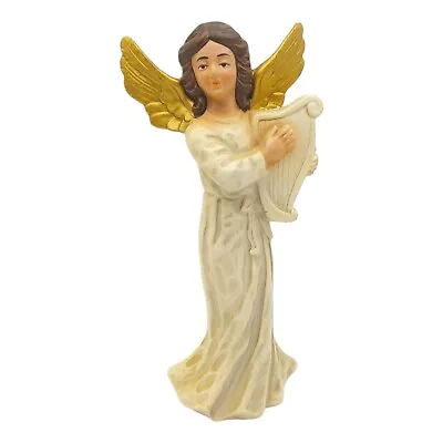 Christmas Angel Figurine W Harp - 8  Large Vtg Beige Gold Musical Instrument • $24.30