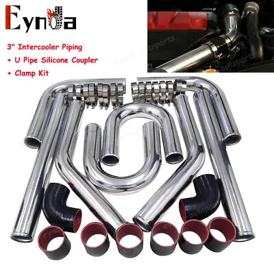 3  DIY Polished Intercooler Piping W/ U Pipe Black Silicone Coupler+Clamp Kit US • $109.99