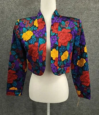 Vintage Lauren Alexadra 100% Silk Jacket Womens 6 Quilted Lined Black Floral NWT • $47.99