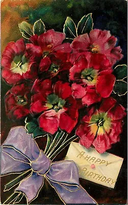 C1909 Embossed Postcard Birthday Greetings Brightly Colored Gloxinia Flower • £6.83