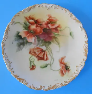 LIMOGES T & V HAND PAINTED 8  PLATE POPPIES Gold Scalloped Edge Signed & Dated • $21