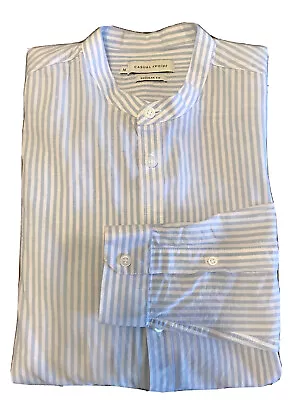 Casual Friday Men’s Collarless Button Down Shirt Blue White Stripe M • $21
