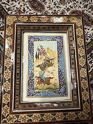 VTG Persian Hunting Scene Oil Painting Bone Khatam Inlay Marquetry Wood Frm • $35