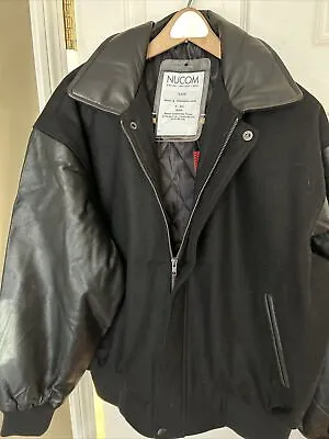 Burks Bay Varsity Jacket Wool Lamb Leather Sleeve Black Bomber Jacket Sz L 5320 • $29.99