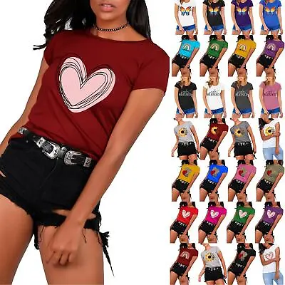 £3.49 • Buy Women Ladies Graphic Love Heart Print Round Neck Summer Jersey Basic Tee T Shirt