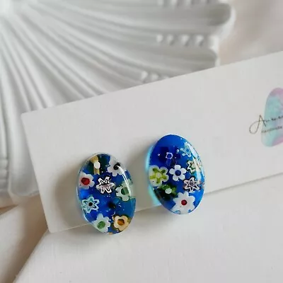 Resin Stud Earrings With Maurano Glass Beads Light Weight Millefiori Earrings • $31.57