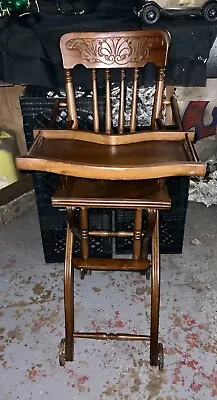 1900’s Antique Oak High Chair And Stroller/rocker • $325