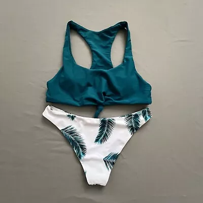 M Zaful Swimsuit Size 6 Women Bikini Two Piece Set Swimwear Tropical Teal White • $9.97