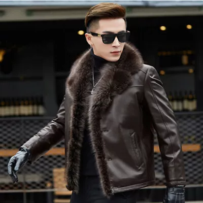 Genuine Winter Leather Jacket Men Big Raccoon Fur Collar Fleece Fur Lined Coat • $265.05