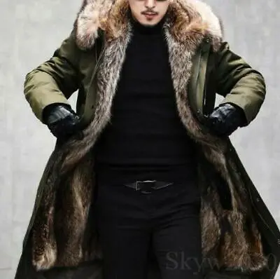 Mens Mink Fur Lined Long Coat Mink Fur Collar Hooded Warm Winter Parka Outwear • $177.65