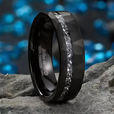 8mm Black Meteorite Tungsten Ring Sliver Line Mens Wedding Band ATOP Jewelry • $19.99